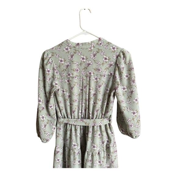 Monteau Los Angeles Green Floral Tiered Dress with belt & round neck size small - Picture 10 of 12